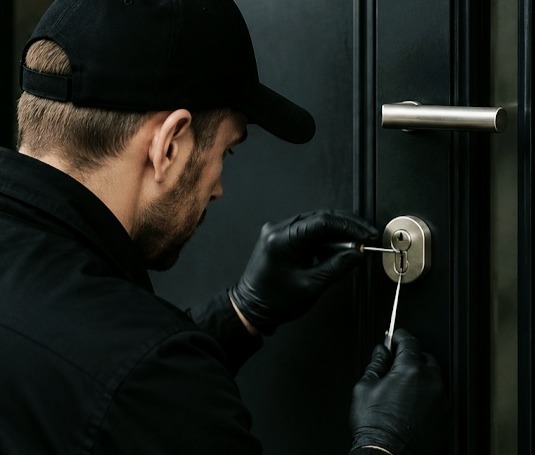 Emergency lockout — locksmith opening a door lock